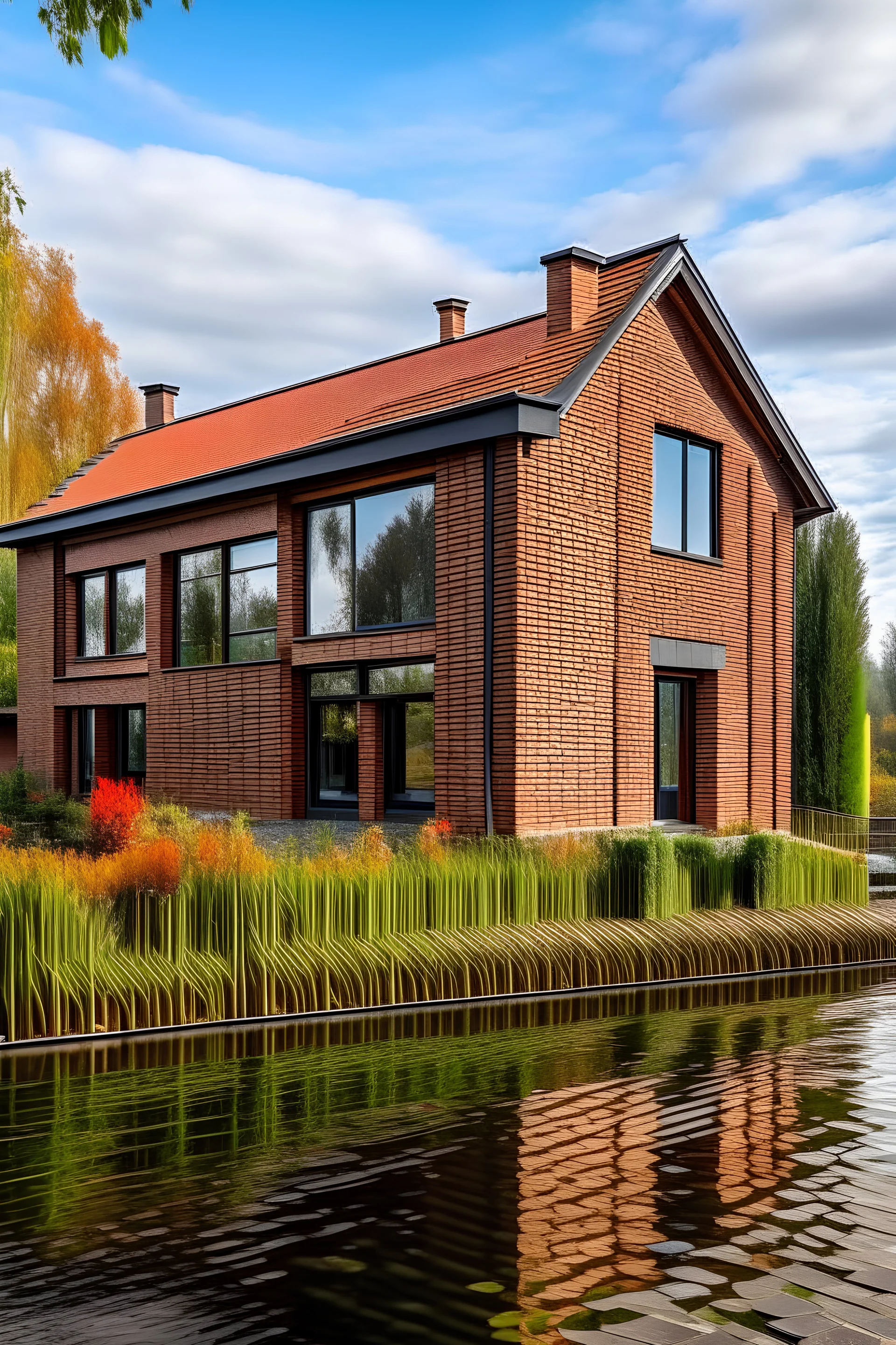 a two storey house next to a lake made from bricks and sloped roof, terrace in front