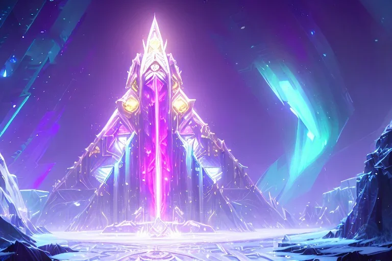  white and gold crystal castle in the right of the image，waterfall, winter snow flakessnow, northern Lights, full of details, smooth, bright sunshine，soft light atmosphere, light effect，vaporwave colorful, concept art, smooth, extremely sharp detail, finely tuned detail, ultra high definition, 8 k, unreal engine 5, ultra sharp focus