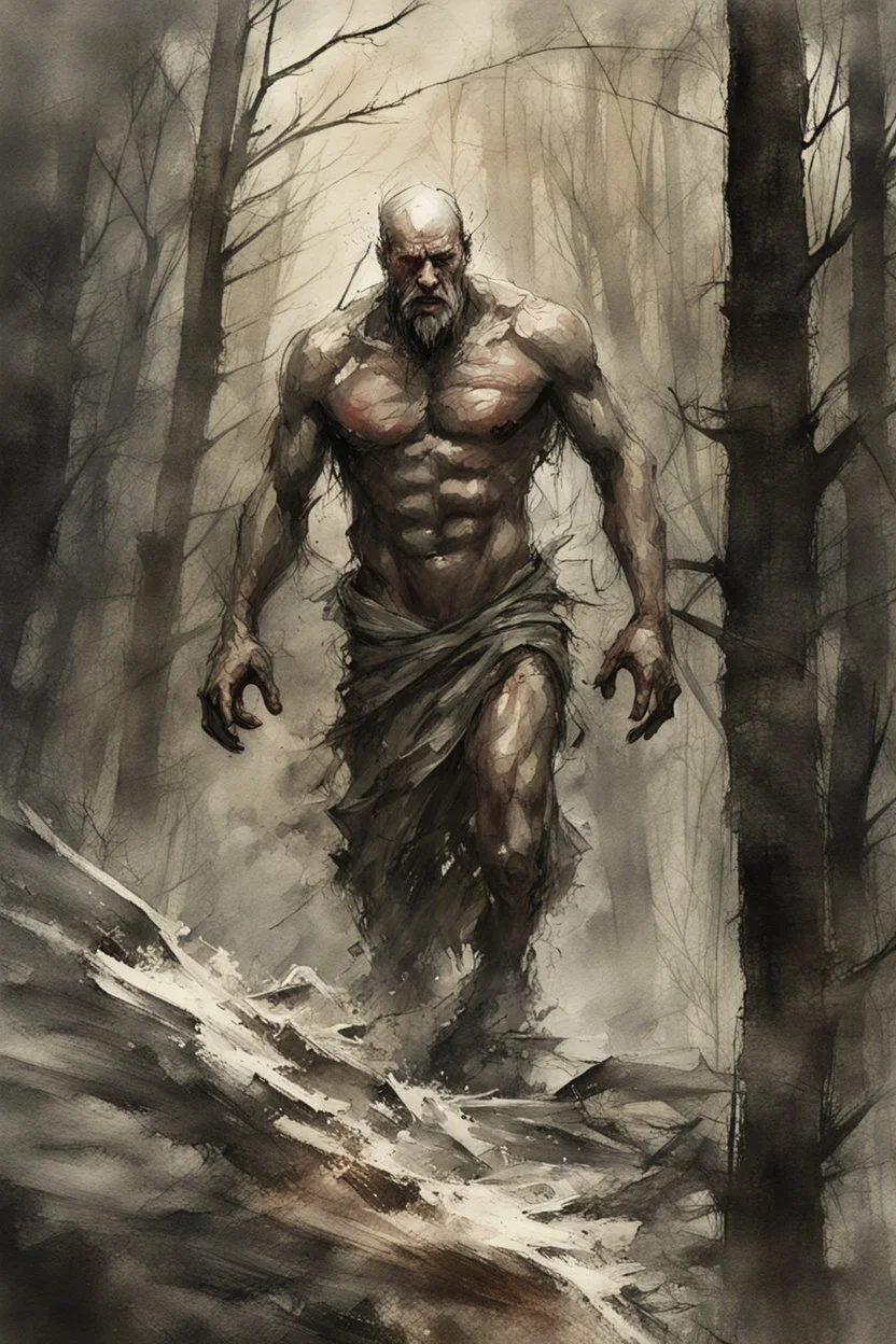 a stupid and crazy stone giant walks through the forest and breaks, vivid emotions, watercolor, photorealism, dark fantasy, bad weather, gloomy day, dark world, sketch art, fine lines, grunge, sensual, darkness, by Raymond Swanland & Alyssa Monks & Anna Razumovskaya