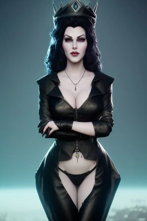 Amy Dumas as evil queen in black leather gown, evil, busty, cleavage, curvy, angry, stern look. character design by cory loftis, fenghua zhong, ryohei hase, ismail inceoglu and ruan jia. unreal engine 5, artistic lighting, highly detailed, photorealistic, fantasy