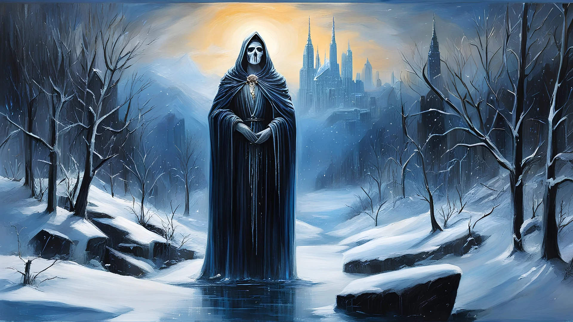 acrylic illustration, acrylic paint, oily sketch, Santa Muerte, (masterpiece), a landscape of New York frozen, new ice age, dim light, snow , ice, below zero, fantasy, everything is frozen,