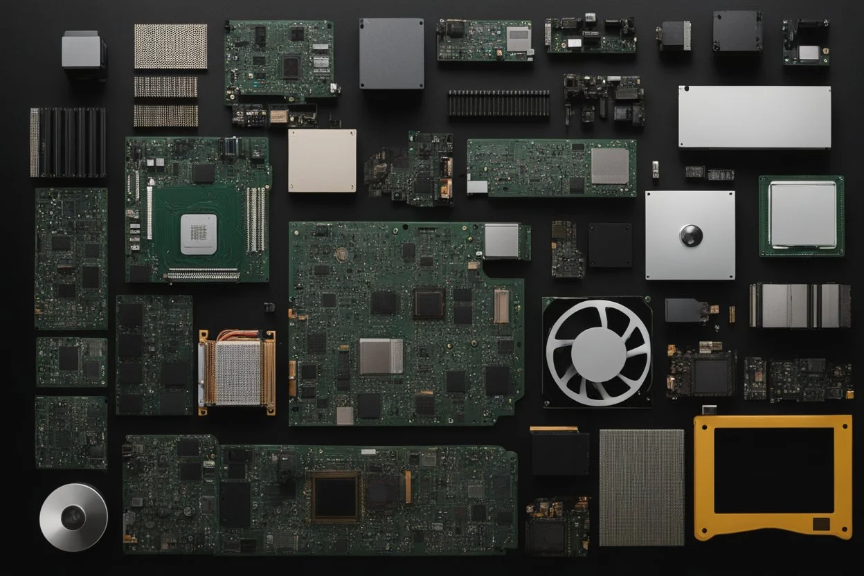 knolling computer parts on black background , seamsless tile