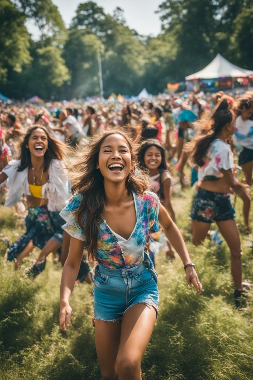 Amidst the pulsating energy of the iconic music festival, the girls fully immerse themselves in the vibrant atmosphere. Their exploration of the grounds, marked by laughter and carefree attitudes, embodies the festival's spirit of freedom, unity, and boundless joy.