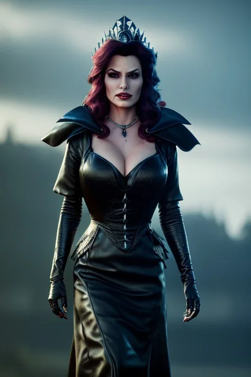 Lisa Ann as evil queen in black leather gown, cleavage, angry, stern look, unreal 5, octane render,cinema4d, dynamic lighting, dramatic lighting, 4k, redshift render, highly detailed, hyper realistic