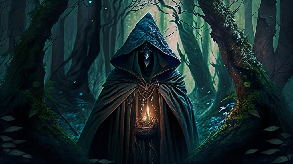 The hooded sorcerer in the forest