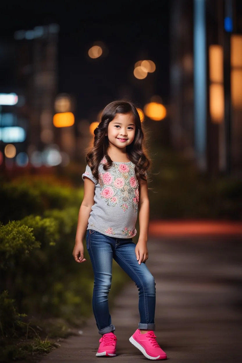 Little 6 years old beautiful girl perfect face,1girl wearing a pretty shirt and jean pant, standing pose,modern city ,night view