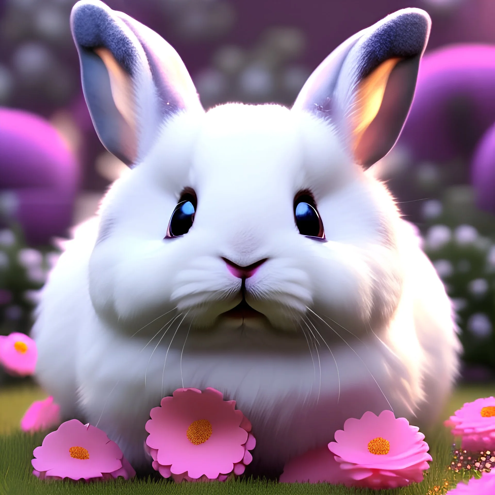 Cute Kawaii Bunnies,fluffy, detailed fur,cute bunnies,cute big bright eyes, sparkling stars body, dreamy garden, photorealistic painting, sharp focus, 8k, perfect composition, trending on artstation, award-winning photograph, unreal engine 5, cinematic smooth, intricate detail, pink flowers, sunrise light