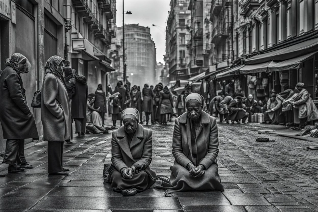 a woman sits with a sad face on the sidewalk on the street and cries, people pass by her, a gray crowd of passers-by comes and goes, human backs rush to work, no one looks at the crying woman, dark colors and shades of gray, depressing, sad, depressed moody picture, everything is grey