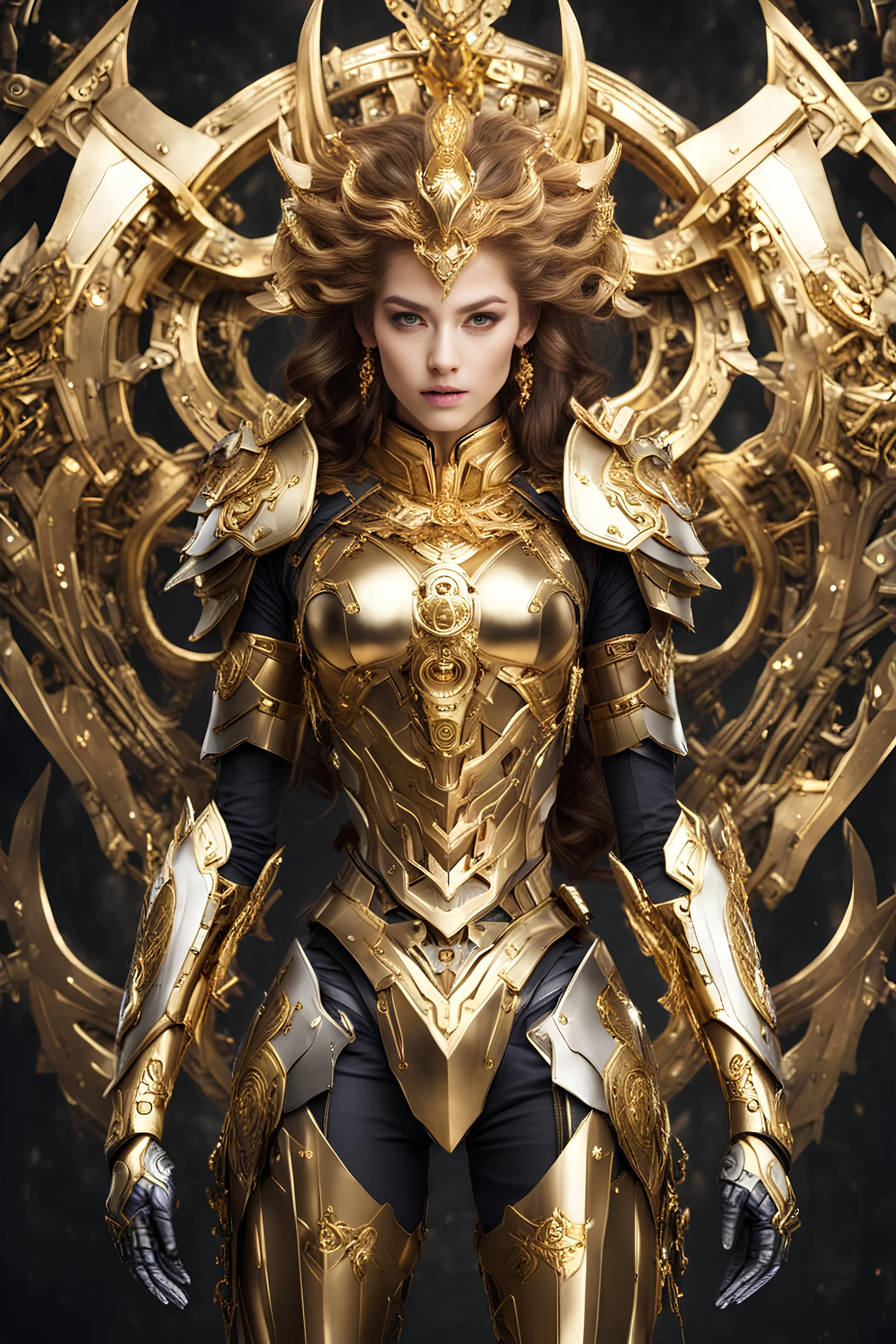 Excellent style Facing front Gorgeous Photography Beautiful Medusa Queen Cyborg dressing Armor Mecha Golden and jewelry,luxury ornaments background
