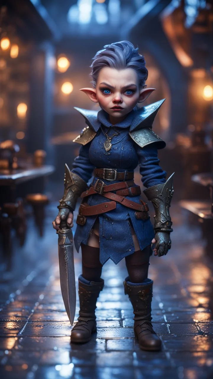 full figure with metallic stone gauntlets holding dark blue jagged dagger, standing on wet tiled floor outside fantasy tavern, focused female Russian vampire gnome from worms armageddon wearing makeup, bokeh like f/0.8, tilt-shift lens 8k, high detail, smooth render, down-light, unreal engine, prize winning