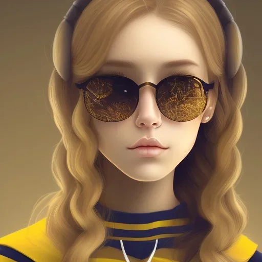 Girl with long wavy brown blond hair, yellow eyes. Wears Hogwarts Hufflepuff uniform, sunglasses with a yellow clip. She has a snowy owl with yellow eyes on her shoulder.