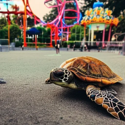 Turtle playing with coffee cup in amusement park