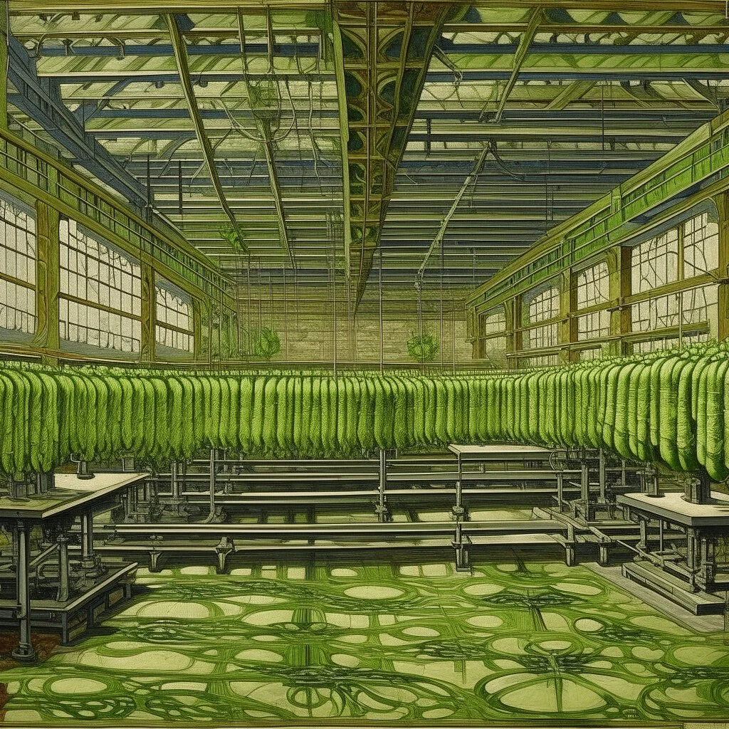 An olive green factory with goo designed in Navajo woven art painted by Claude Monet