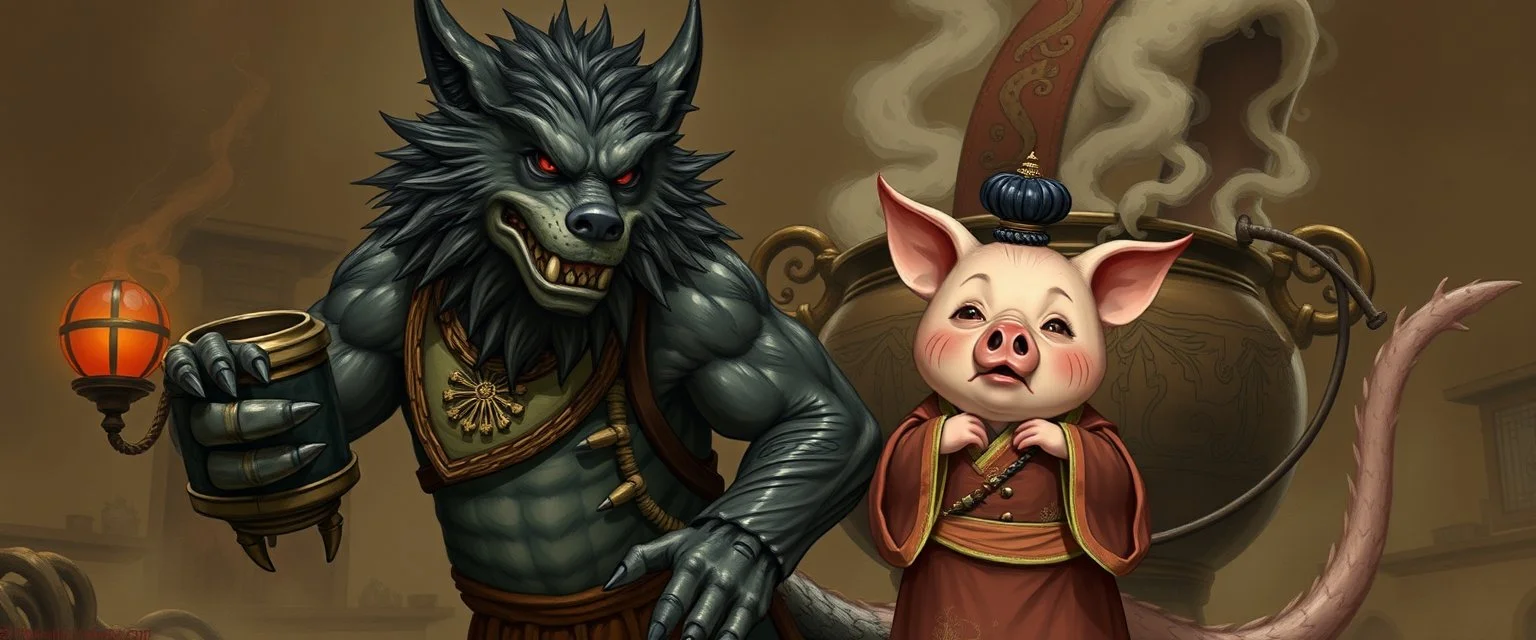 bad hairy chest wolf dragon kobold carrying a lovely scared wtf are you up to, chinese pig girl with dress under his arms, big cauldron in the background in the style of escher