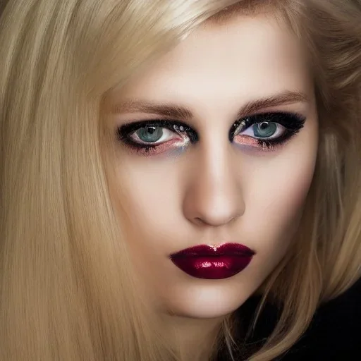 portrait of a beautiful Russian blonde woman with black eyes and a fringe