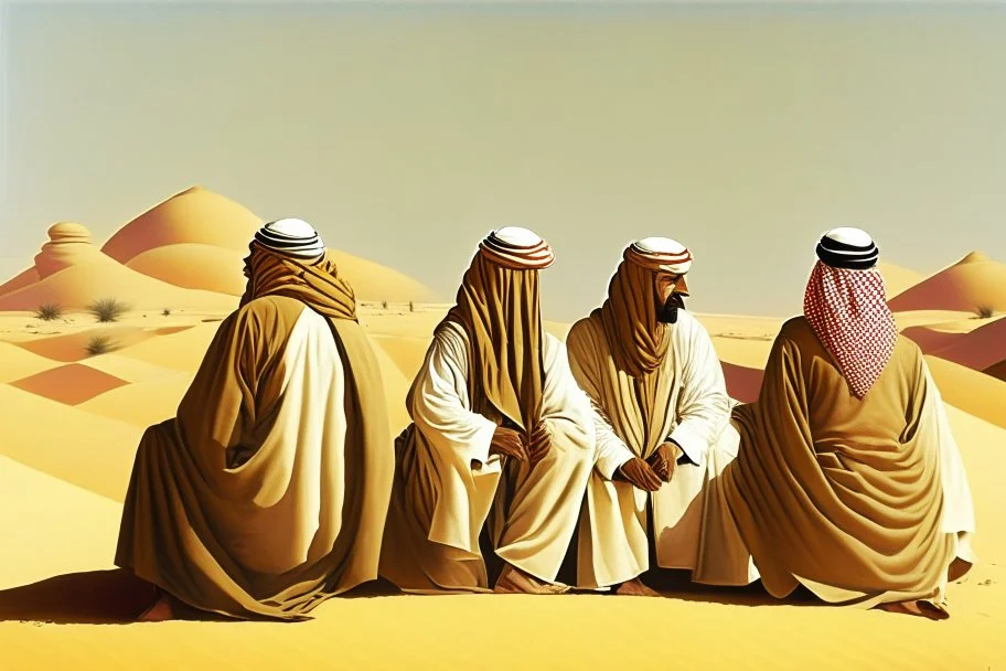 Four Arab sheikhs sitting in the desert wearing typical Arab dress, looking towards the four cardinal points. A talll fat european man in business suit wathhing them while thinking.