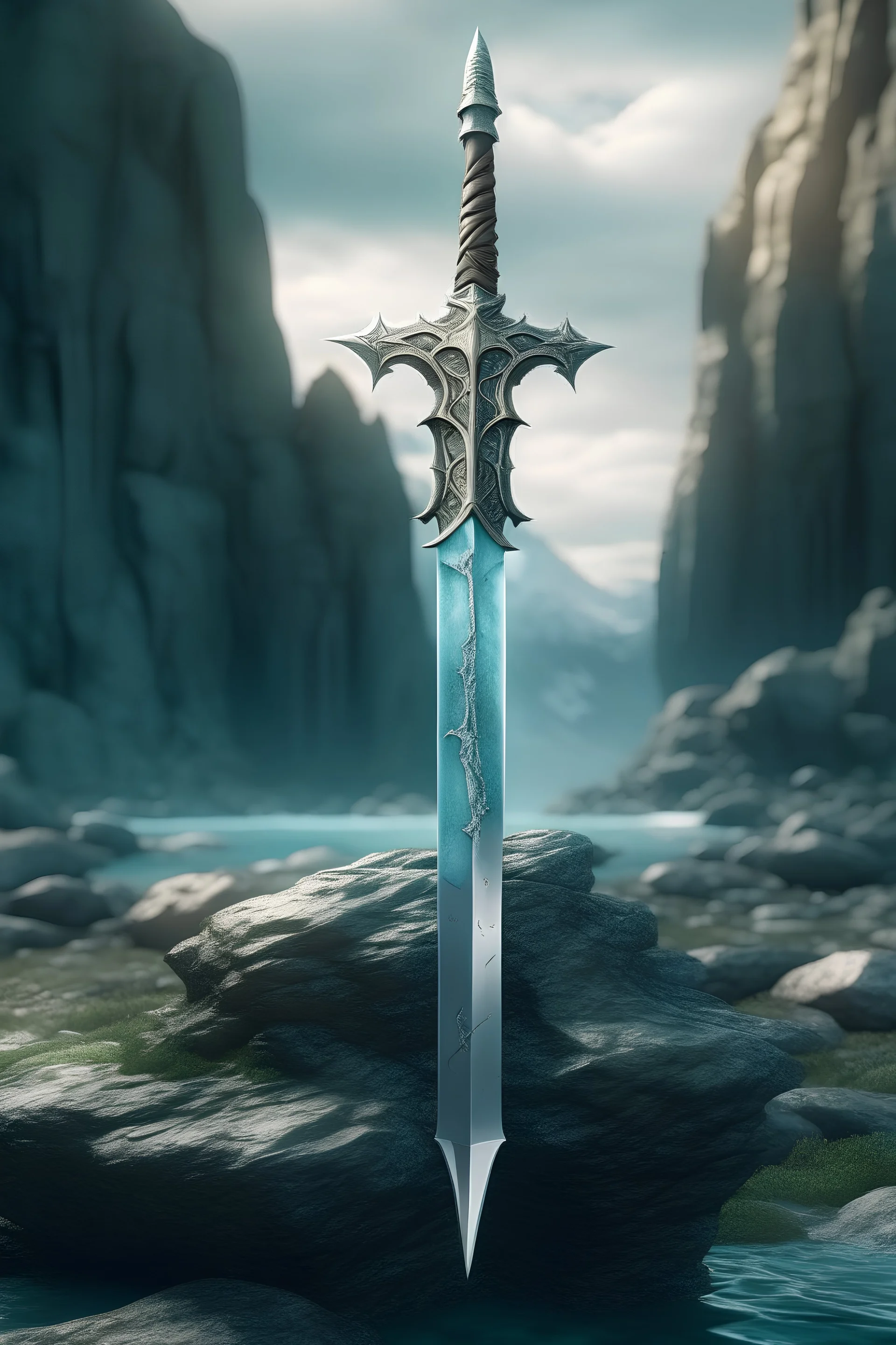 stylized excalibur sword in a rock with a fantasy environment