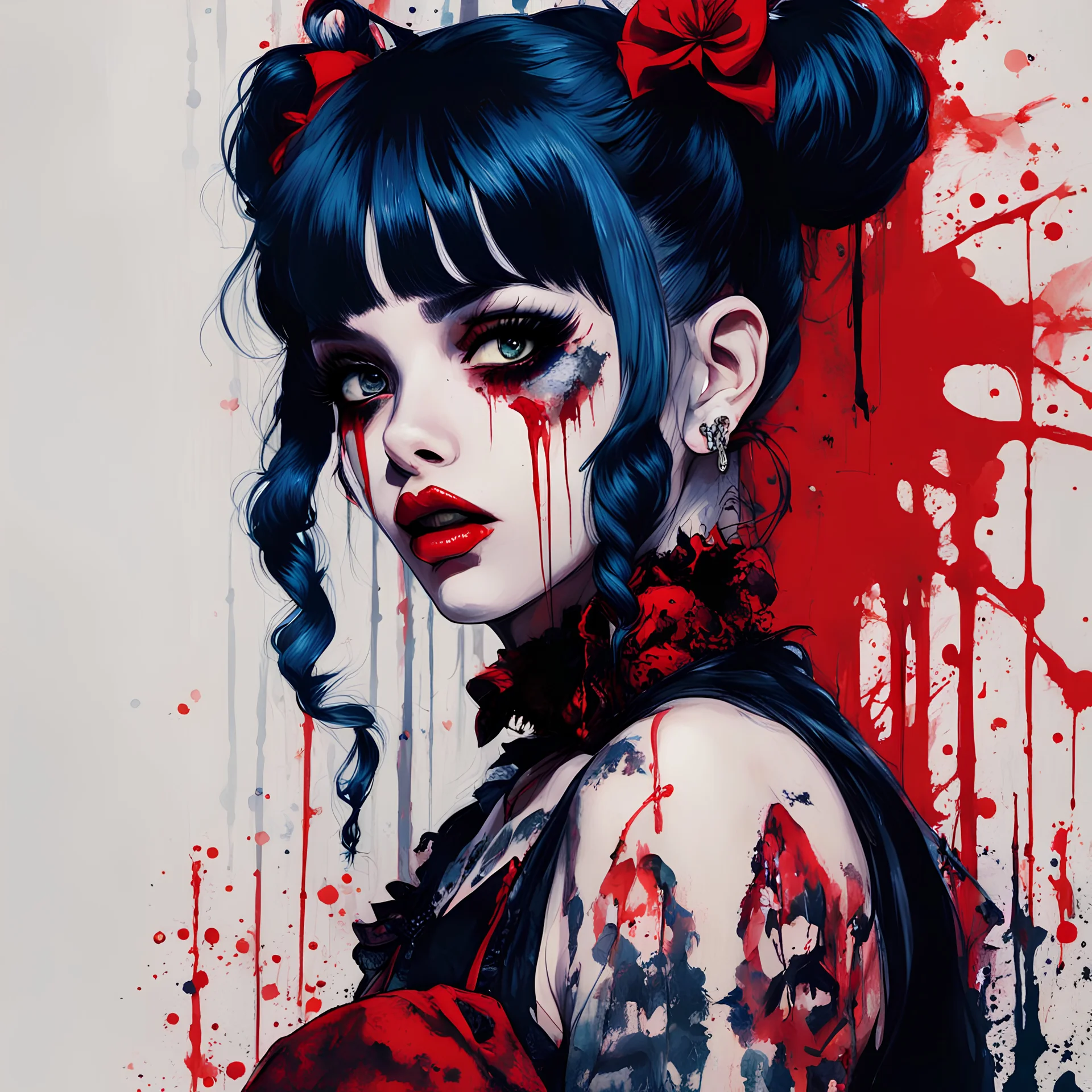 Poster in two gradually, a one side malevolent goth vampire girl face and other side the Singer Melanie Martinez face, full body, painting by Yoji Shinkawa, darkblue and red tones,