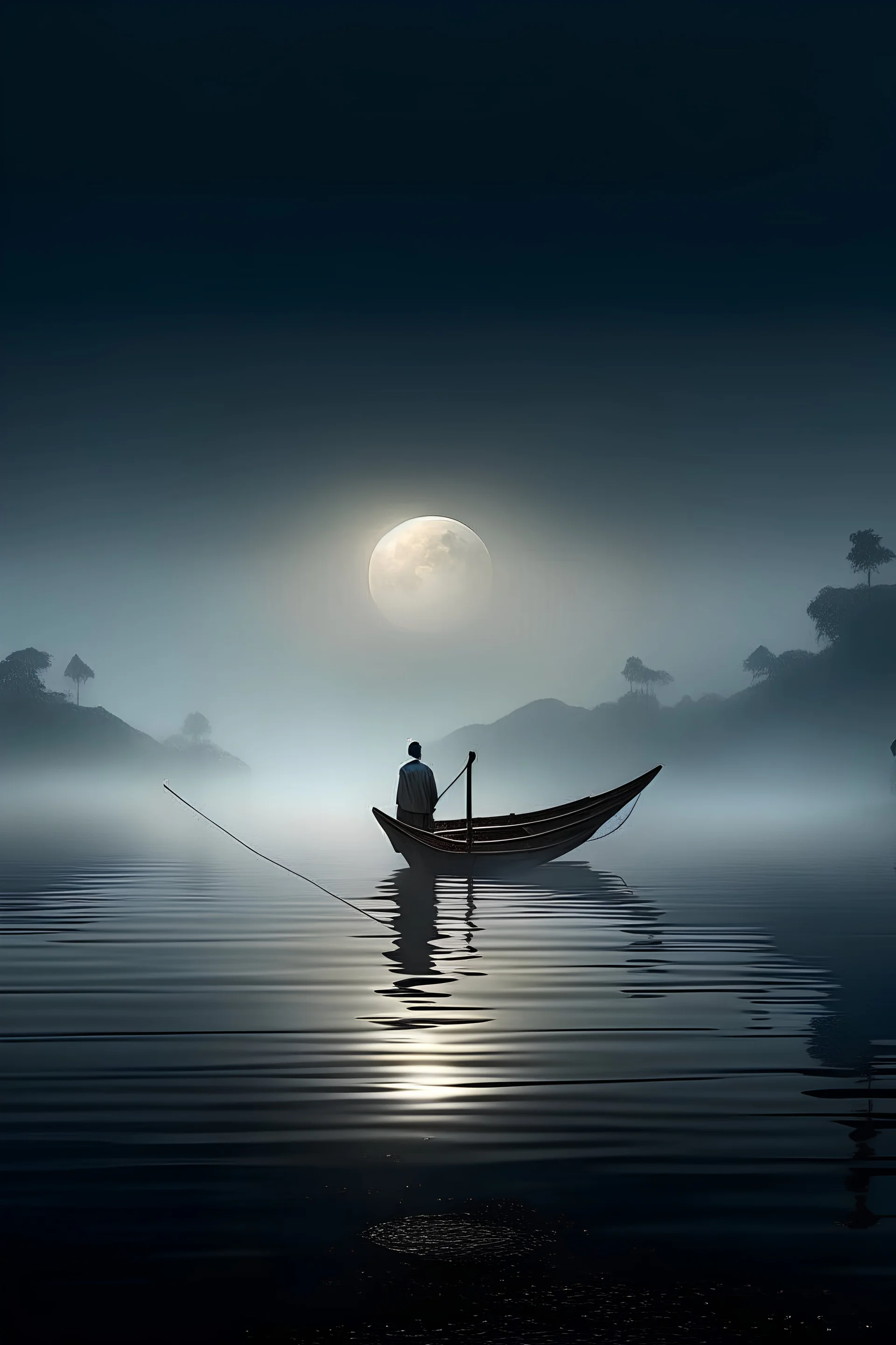 A calm sea surrounded by mystical fog, under the moonlight with a scenic landscape background A man, wearing a traditional longyi, standing on a small wooden boat, both hands holding on to a long wooden pole, steering the boat. Image quality: high resolution, uhd 4K