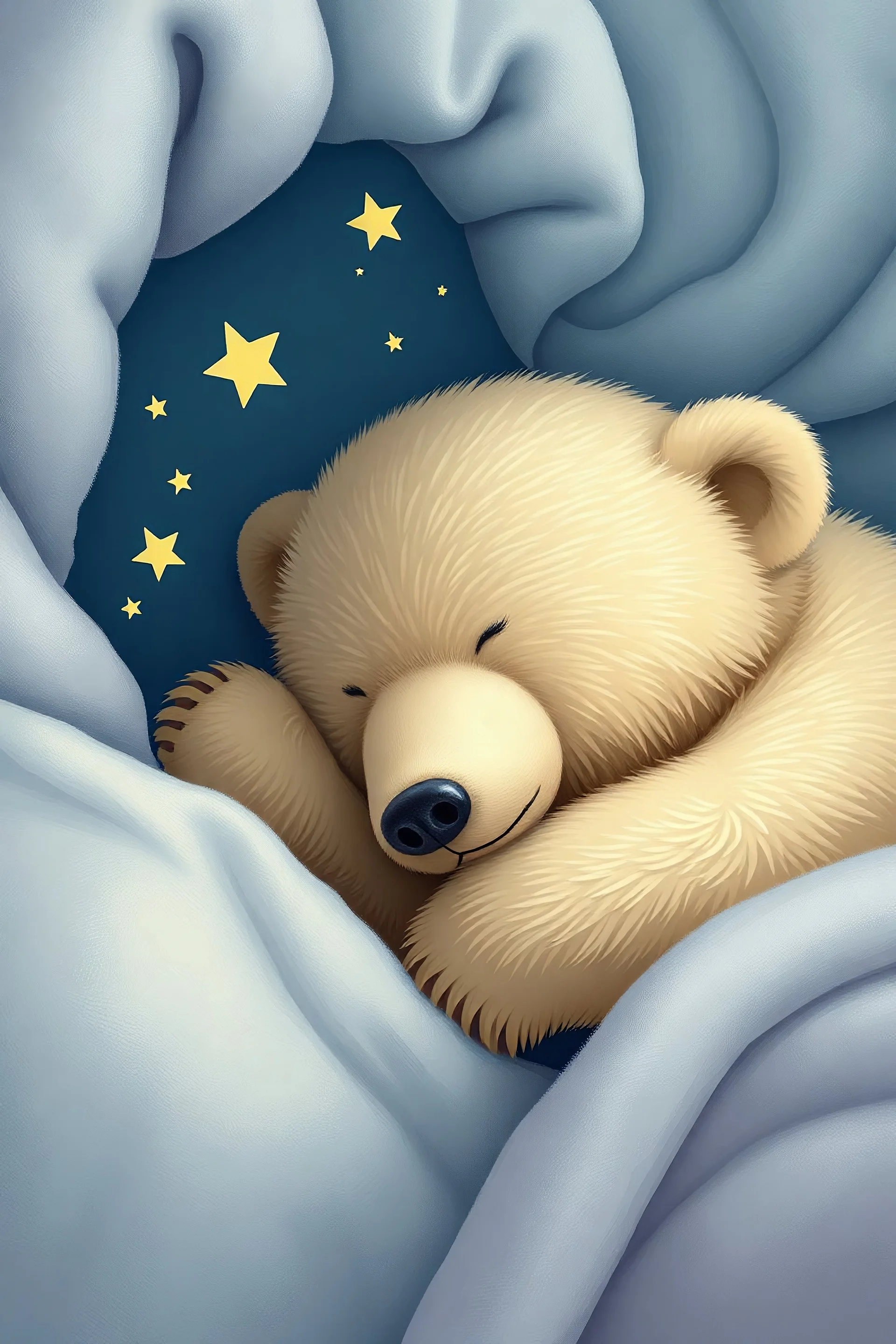 sleeping bear, sweet dreams, calm, realistic, as in image on a sleeping blanket