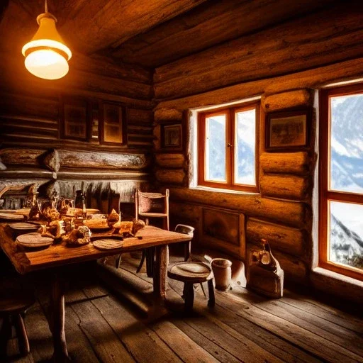 Mountain hut interior, five poeple eating, Austrian aesthetic, oil lamp, wooden floor, night time, 8k, HD, cinematography, photorealistic, Cinematic, Color Grading, Ultra-Wide Angle, Depth of Field, hyper-detailed, beautifully color-coded, insane details, intricate details, beautifully color graded, Cinematic, Color Grading, Editorial Photography, Depth of Field, DOF, White Balance, 32k, Super-Resolution, Megapixel, ProPhoto RGB, VR