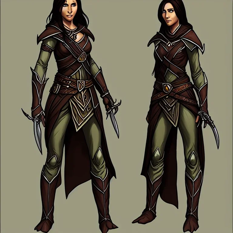 dungeons and dragons, female wood elf, druid, brown hair, brown eyes, full body, realistic face, short hair, large nose, closed mouth, leather armor, dark skin, one person, blue scarf