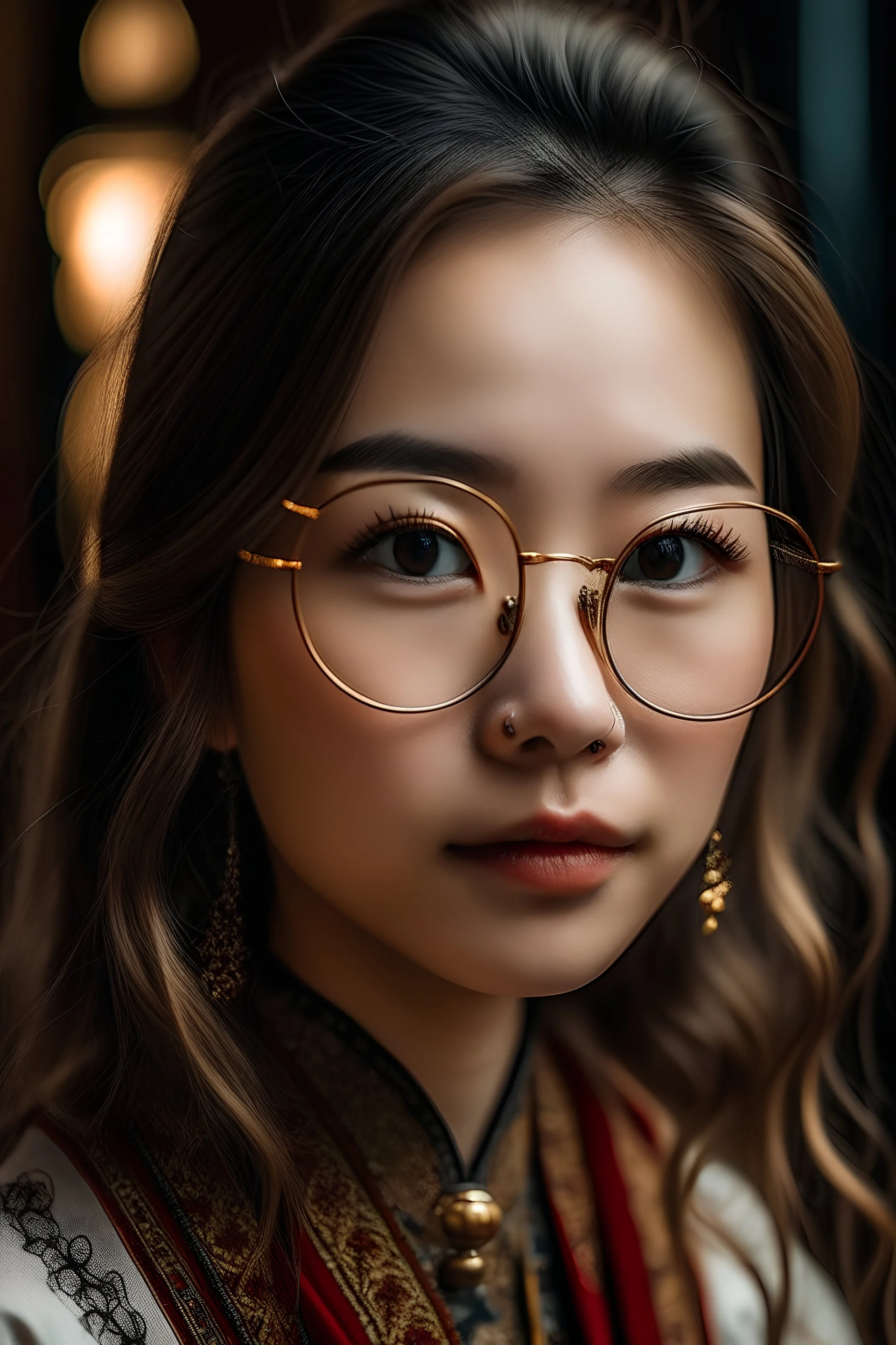 a girl with highlights wearing glasses and thats chinese and morrocan