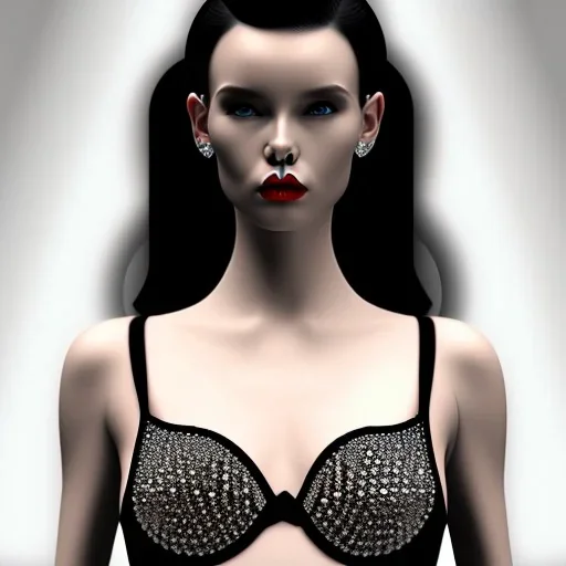 black hair lady model bra with diamonds