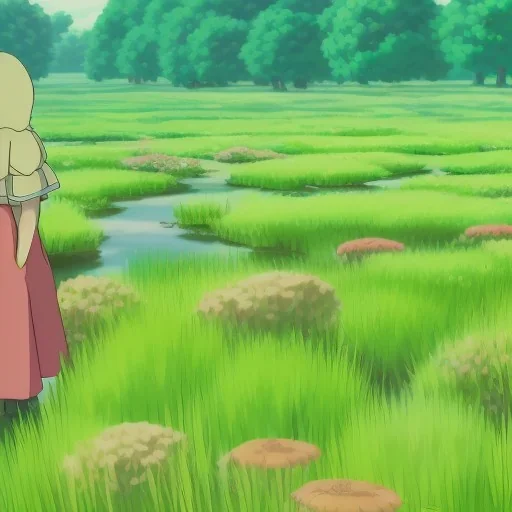 A grass type Pokemon walking through a field of tall and small mushrooms, tiny, made of plants, creature