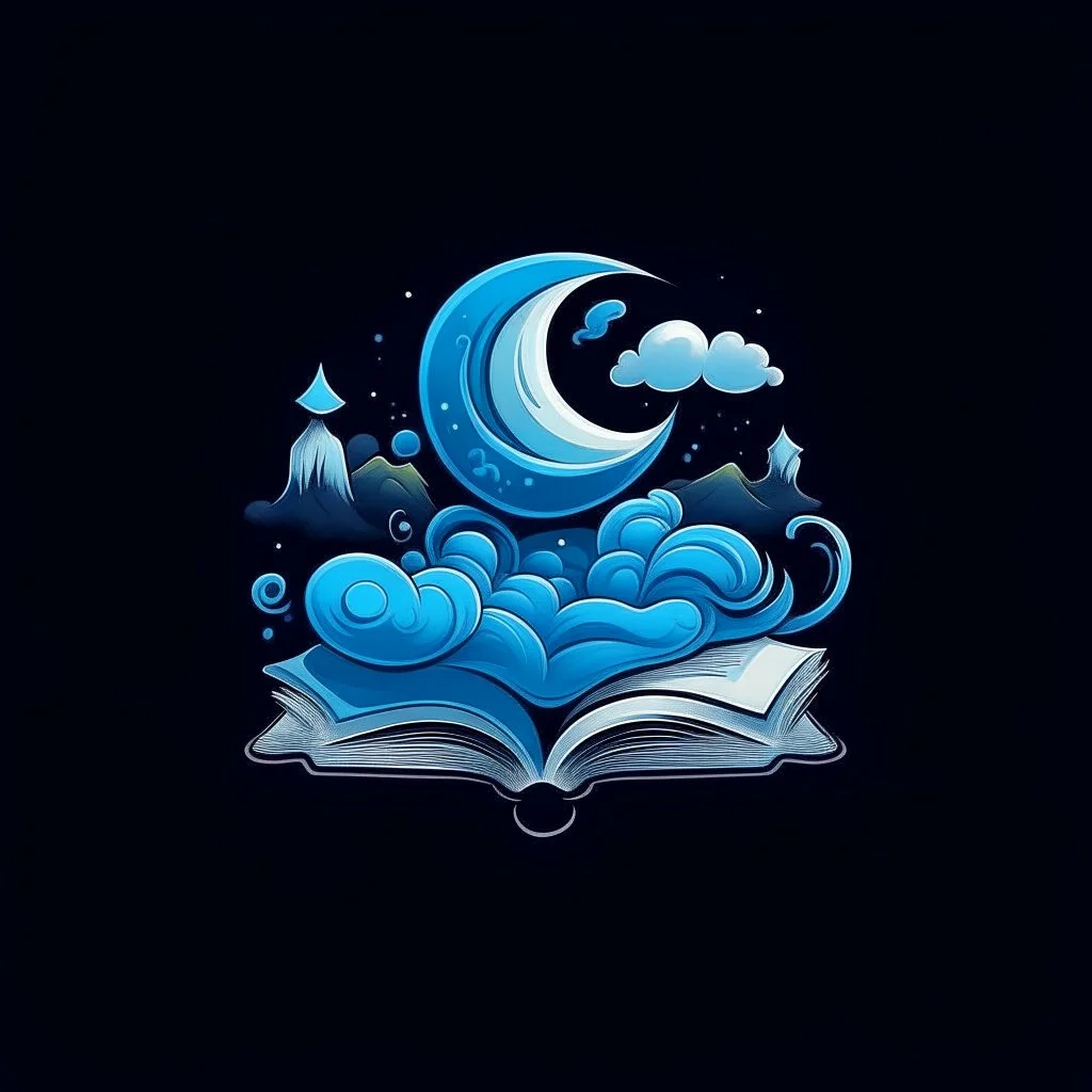 Make a fantasy style logo. Elements on the logo should be clouds, a book, and a well with water)