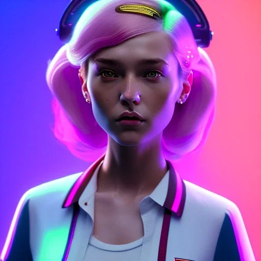 waitress teenager, rounded face, pink hair, flushed cheeks, striped shirt, neon ambient light, vibrant color, pop style, highly detailed, art stations, concept art, smooth, unreal engine 5, god rays, ray tracing, RTX, lumen lighting, ultra detail, volumetric lighting, 3d, finely drawn, high definition, high resolution, pub background