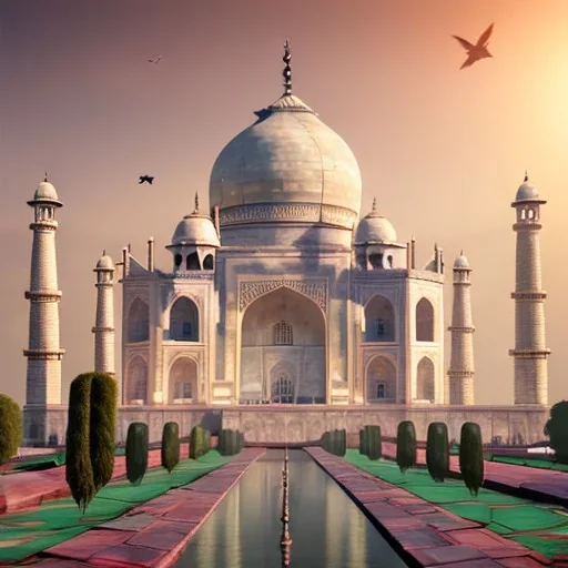 The Taj Mahal, Hindistan, sunset, fantasy art, flying birds, springs, landscape, beautiful, realistic, hyper detailed, unreal engine 5, octane render