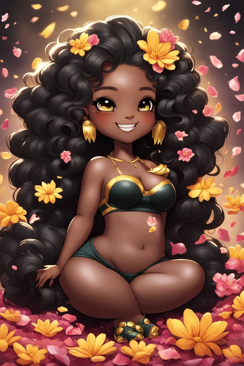 A sassy thick-lined airbrushed cartoon black chibi girl lounging lazily on her side, surrounded by flower petals. She has a golden lion tail curling playfully behind her curvy body. Looking up coyly, she grins widely, showing sharp lion teeth. Her poofy hair forms a mane framing her confident, regal expression.