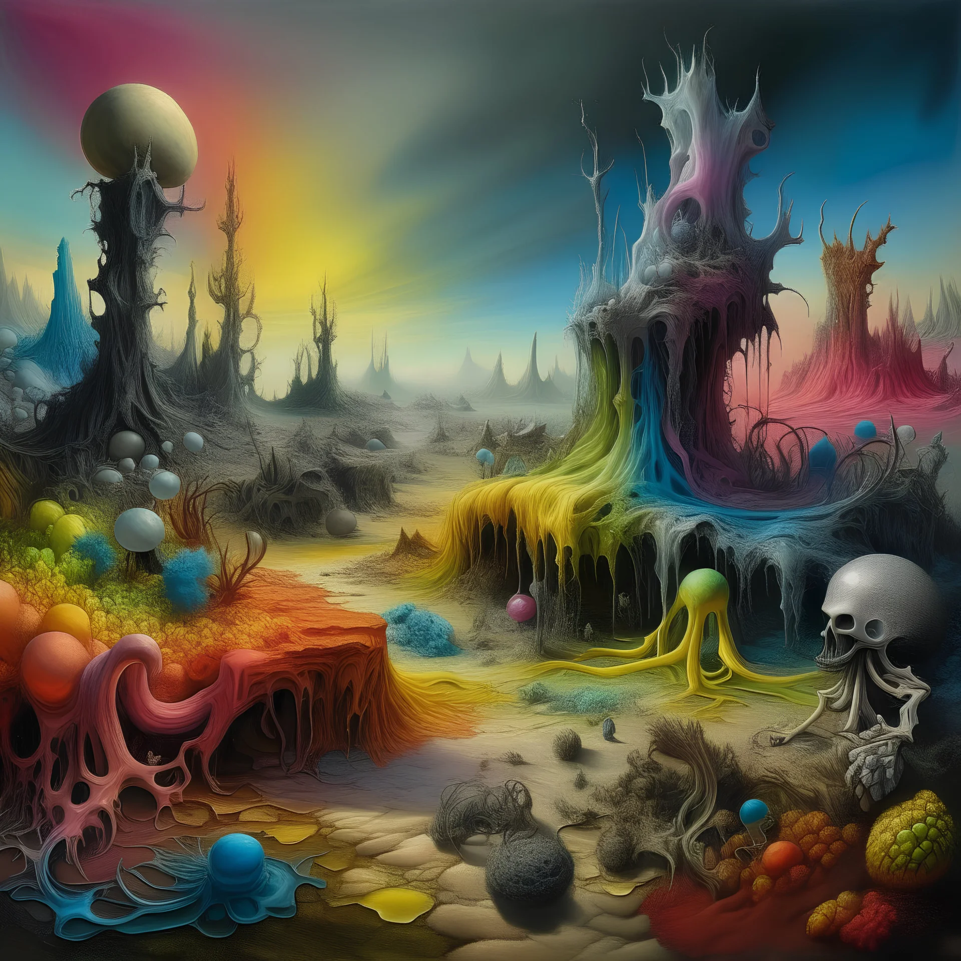 Hyperrealistic creepy landscape, anti-world, odd, polaroid, Yves Tanguy, Sam Raimi, 3d, sharp focus, noon light, bright colours, high resolution, very detailed, volumetric light, mist, grim, fine art, decaying, textured oil over canvas, very colorful, ornate 35mm, F/2.8, insanely detailed and intricate, character, hypermaximalist, super detailed