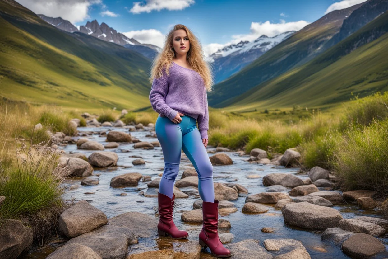 country side ,blue sky , mountains, pretty clouds ,small rocky river with clear water small rocks in floor,beautiful 18 year old girl with ash blonde hair and blue eyes with her curvy hair down, wearing a long-sleeved woollen top, and lilac long leggings, with long red boots full body standing pose shot