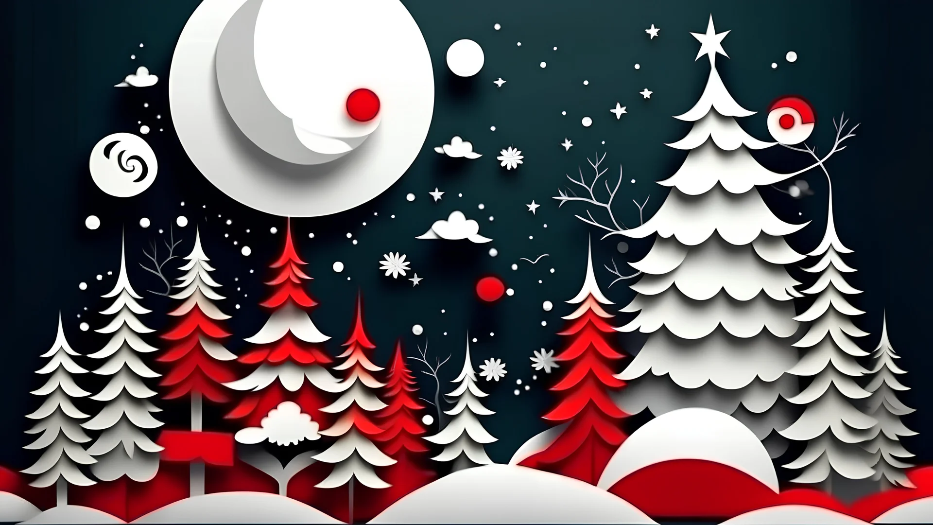 papercut craft of Christmas night, snowman in fluid red and silver, golden red ornaments and pale gift boxes, full moon, Christmas tree,