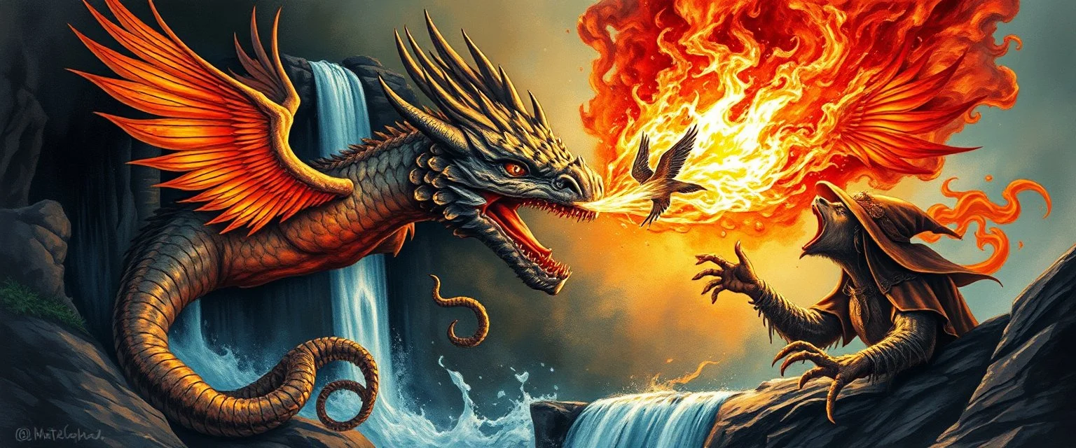 airbrush and pen outline, phoenix octopus bird witch bear dragon waterfall looks beyond really powerful slapping a bird in the face with fire, fantasy illustration, in the style of Rembrandt