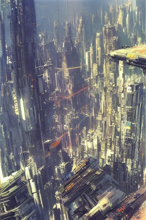 Art by John Berkey and John Harris, Central Park, New York 2077, Cyberpunk, bird's eye view