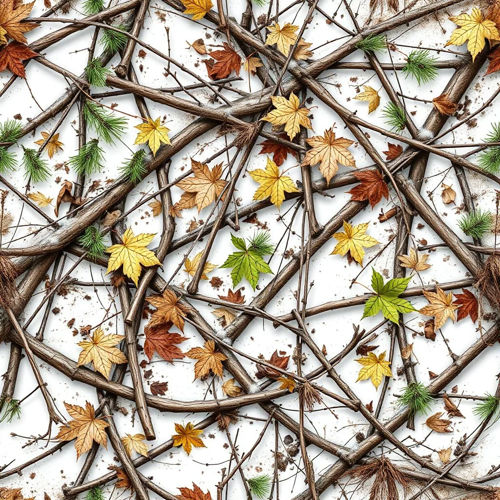 detailed Real Tree Camouflage made of sticks, twigs, green pine branches, dried maple leaves, snow and dirt, white background, seamless repeatable texture camo pattern