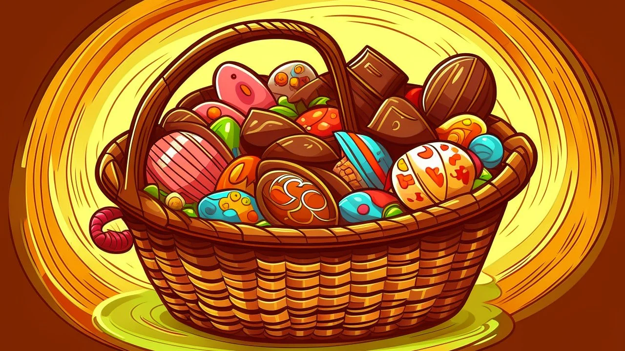 Fantasy cartoon illustration: a basket full of chocolate treats