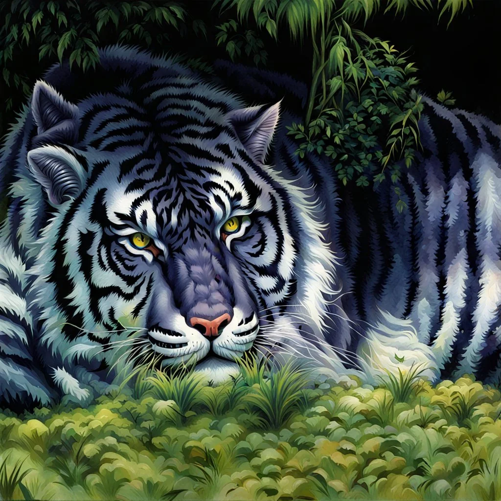 90's fantasy tcg art of blue tiger in jungle