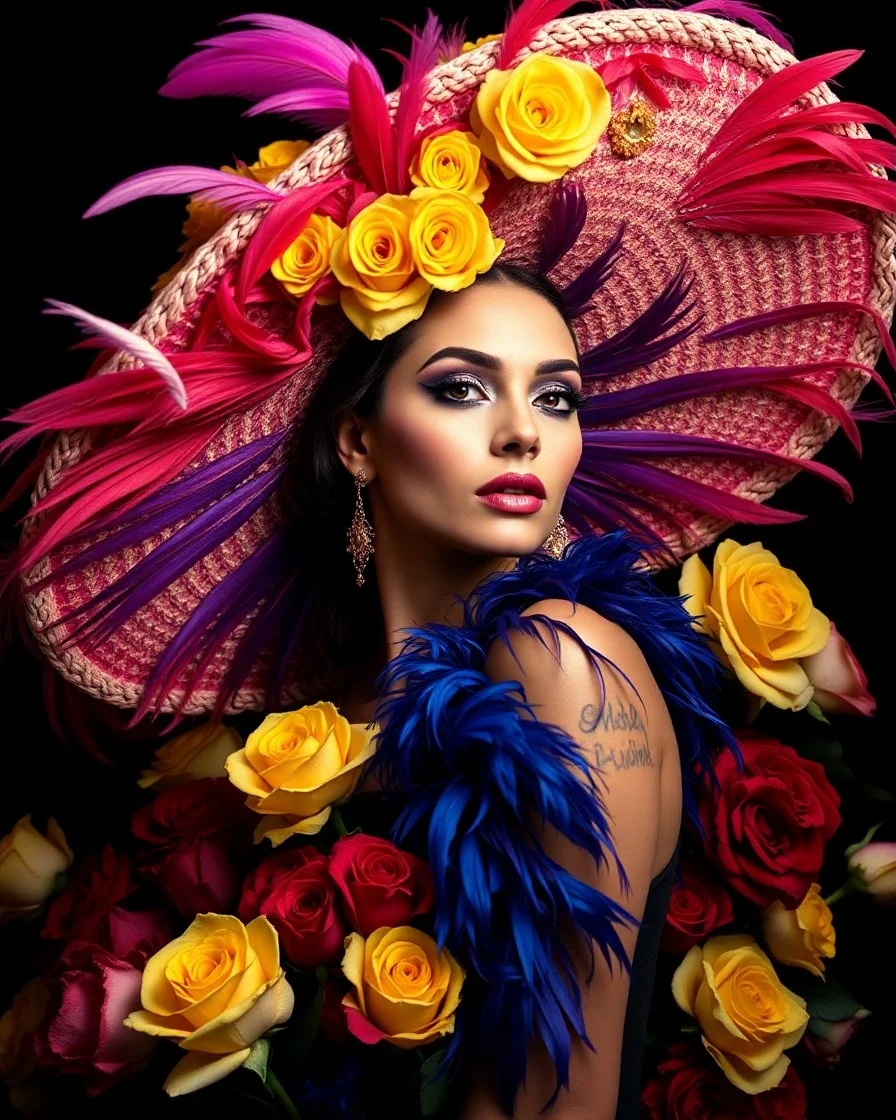 Photorealism Studio lightning perfection body beautiful pretty supermodel luxury glamours makeup artistic,wearing adorned large hat Mariachi mexican fashion Adorned Majestic feathers, fiery purples, deep blues, stark black bg, assortment of roses, full bloom, yellow, red, contrast, artistic flair, intricate details, textures, natural beauty, harmonious blend, adorned flowers background