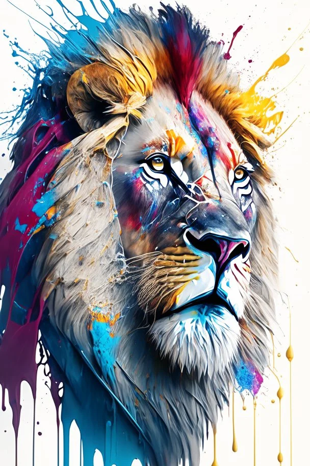 "lion", clean design, art station, splash of colorful paint, contour, ((solid white background)), looking into camera, hyperdetailed intricately detailed, unreal engine, fantastical, cinema lighting, intricate detail, splash screen, complementary colors, fantasy concept art, 8k resolution, DeviantArt masterpiece, watercolor, paint dripping