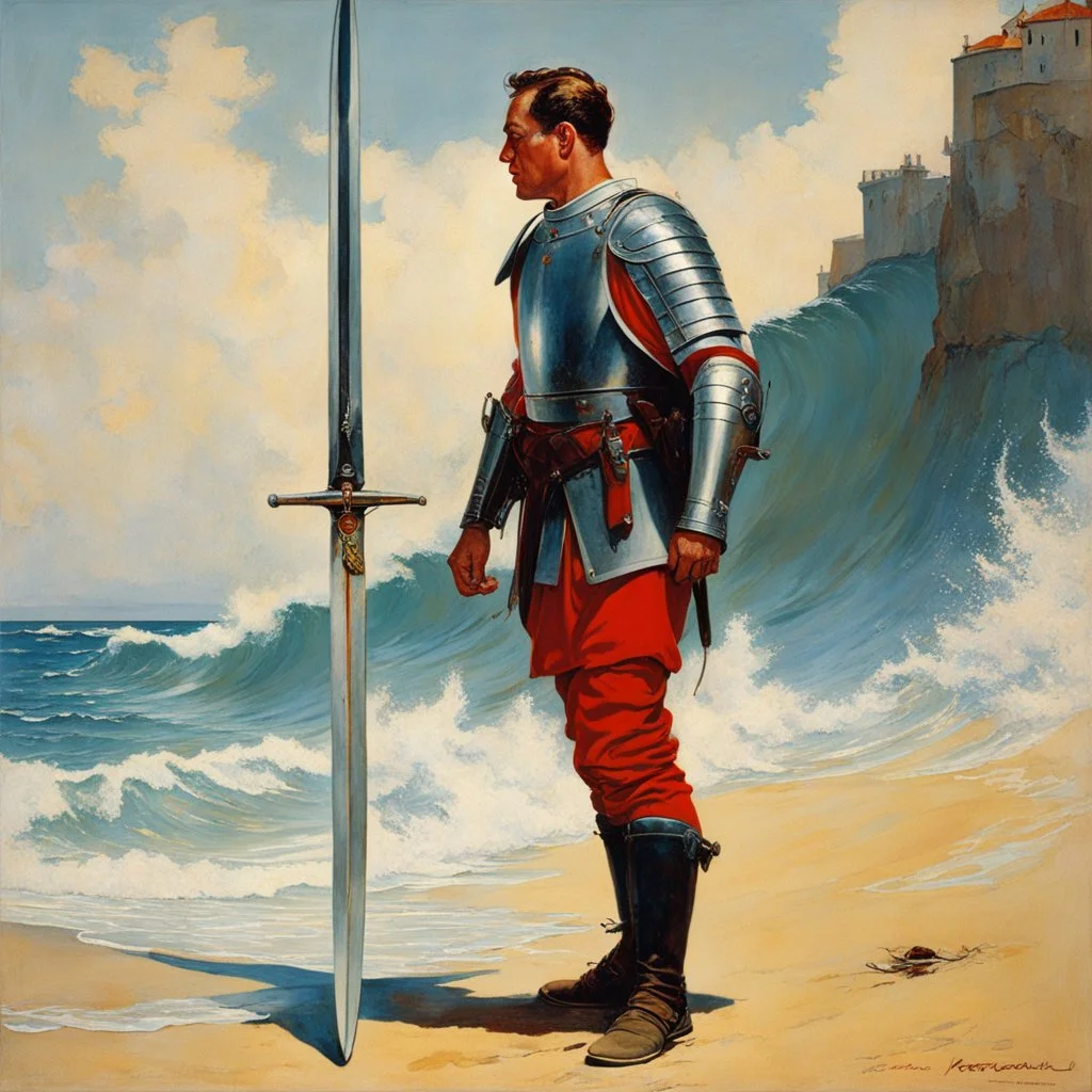 [art by Norman Rockwell, surf at Nazare] Clad in armor that bore the marks of countless battles, Roupinho stood tall and proud, his sword gleaming in the sunlight as if it were an extension of his very being. Forged by skilled artisans and imbued with the essence of his noble lineage, the sword was not just a weapon but a symbol of his duty and honor. Every day, Roupinho would seek solace and guidance in the presence of the Black Madonna. With reverent steps, he would ascend the worn stone steps