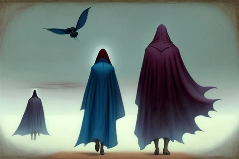 two people in capes and hoods seen from behind walking side by side in an empty foggy plain, above there is blue sky by artist "Leonora Carrington",by artist "Christian Schloe"