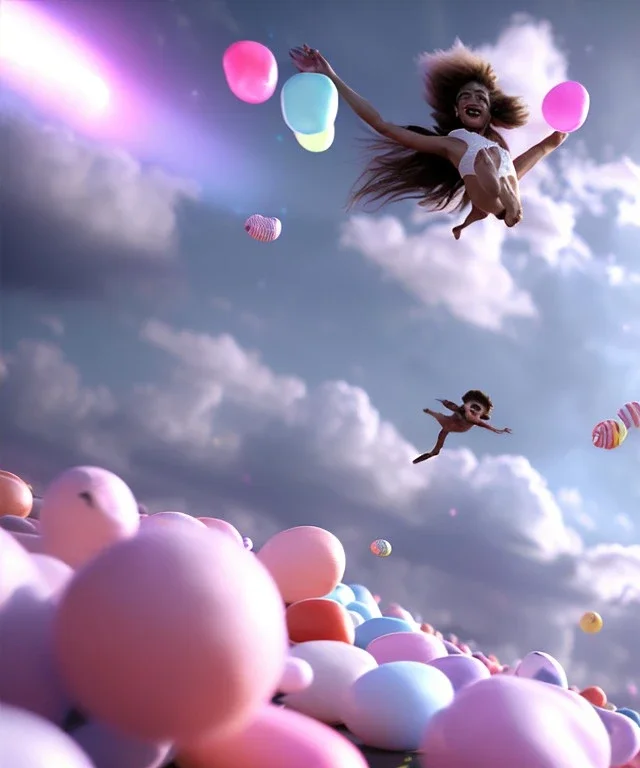 Ultra realistic speed clouds sky scene, wide angle view, sweet men falling down with many Childs, feather color clothing, free jumping flying, many trinkets, hair monster, many jelly beans, balls, color smoke, smile, happy, circus style, extreme, wind, clouds sea, 20,000 feet altitude, stratosphere, soft color, highly detailed, unreal engine 5, ray tracing, RTX, lumen lighting, ultra detail, volumetric lighting, 3d, finely drawn, high definition, high resolution.