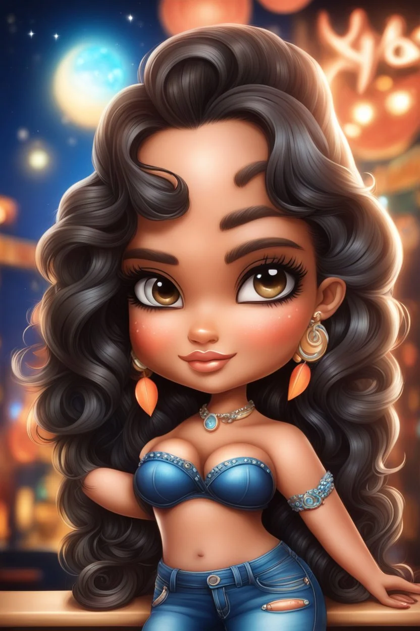 create an airbrush illustration of a chibi cartoon curvy polynesian female wearing Tight blue jeans and a peach off the shoulder blouse. Prominent make up with long lashes and hazel eyes. She is wearing brown feather earrings. Highly detailed long black shiny wavy hair that's flowing to the side. Background of a night club.