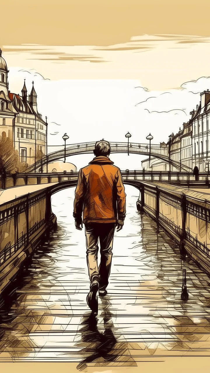 a man standing on Porto bridge, bucsh painting drawing style