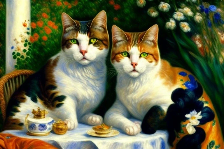 Two cats on a terrace. Auguste Renoir. Perfect brown eyes with perfect iris, perfect pupils.