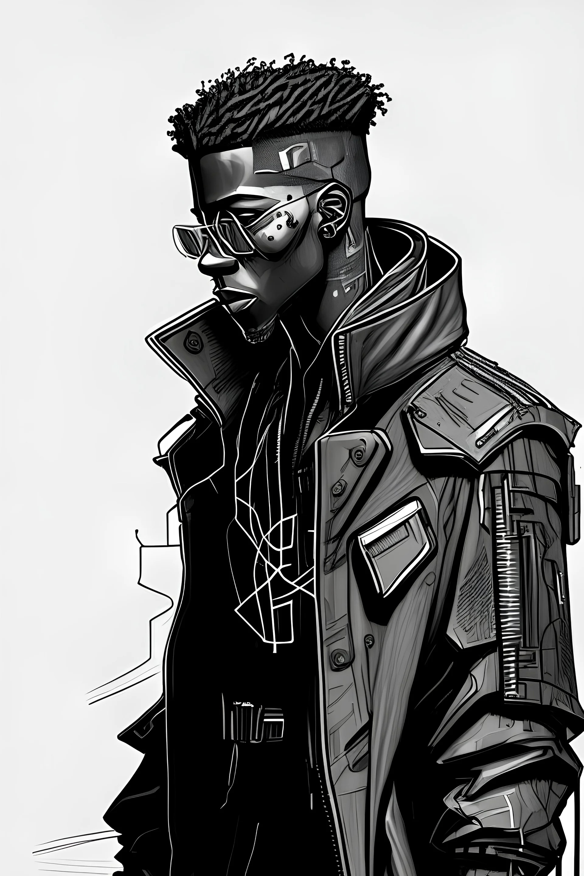 outline drawing of a black man with cyberpunk outfit